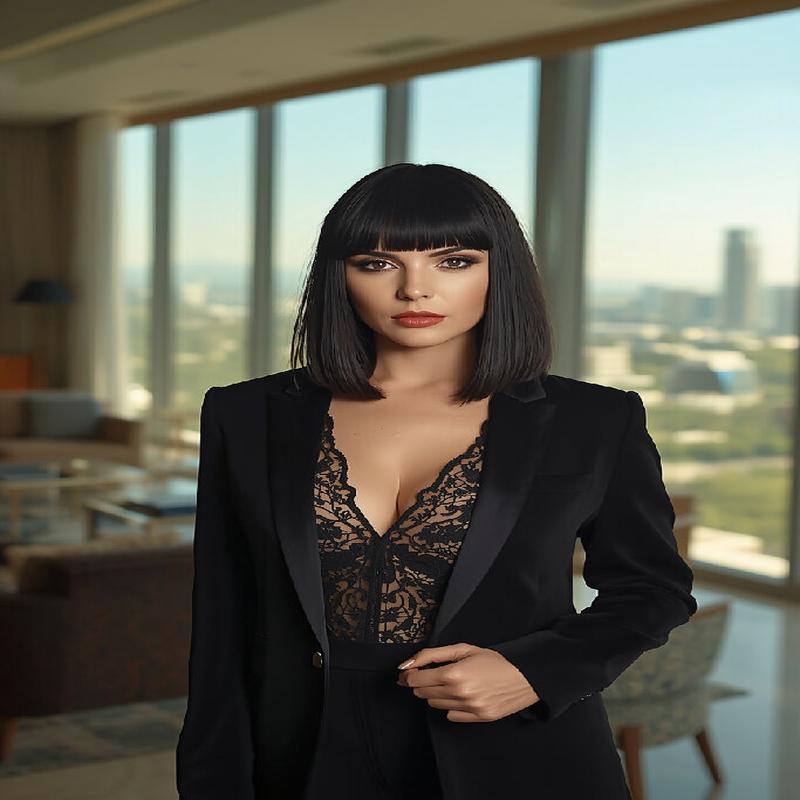 \"A confident Kazakh woman with straight medium-length dark hair and bangs, standing in her luxurious apartment with floor-to-ceiling windows overlooking the capital city of Kazakhstan. The interior is
